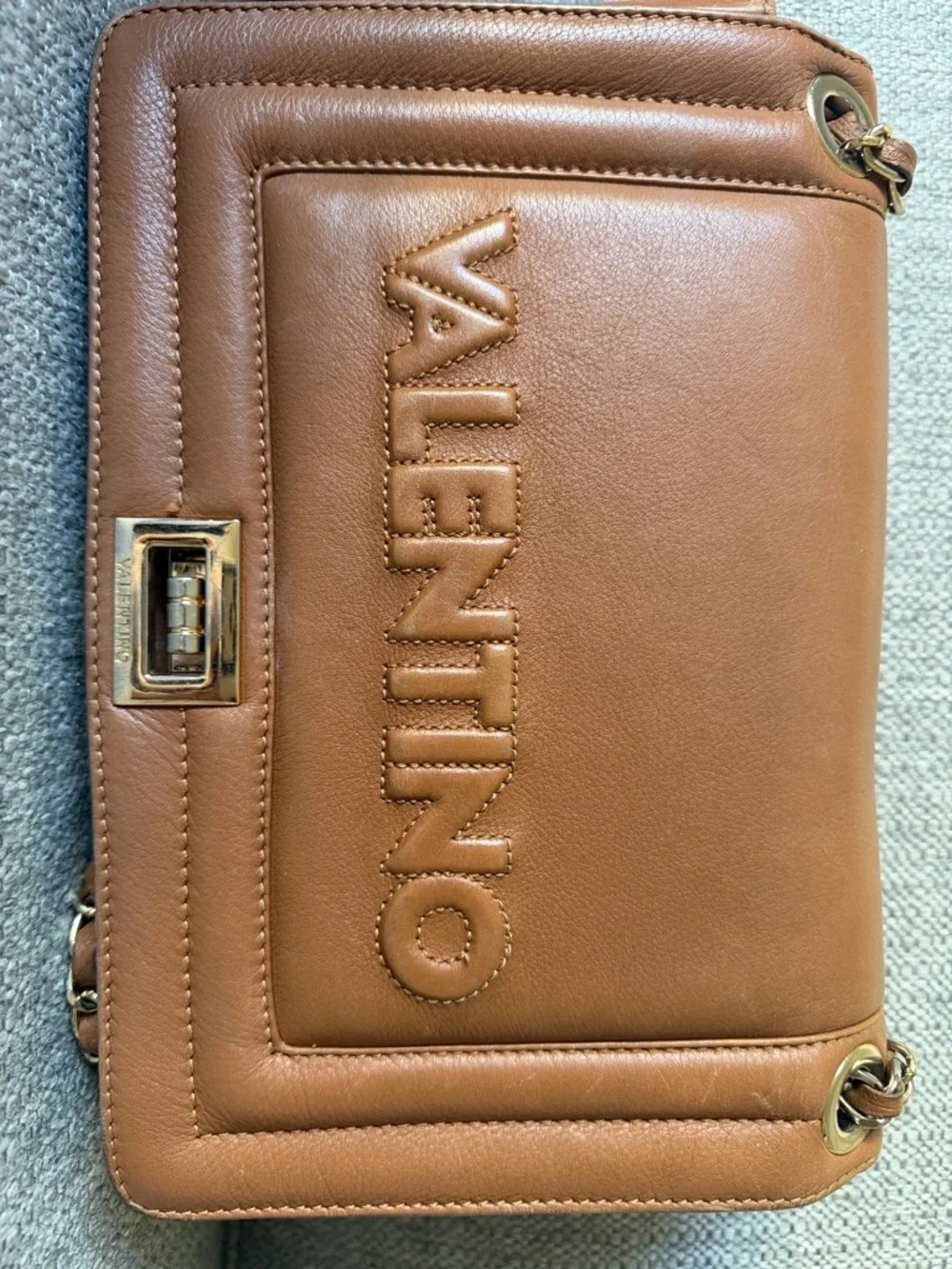 Valentino Cognac Leather Chain Shoulder Bag with Logo - Picture 5 of 5